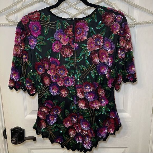 Vintage Laurence Kazar Silk Floral Beaded Sequined Top Multicolor Formal - Picture 8 of 16